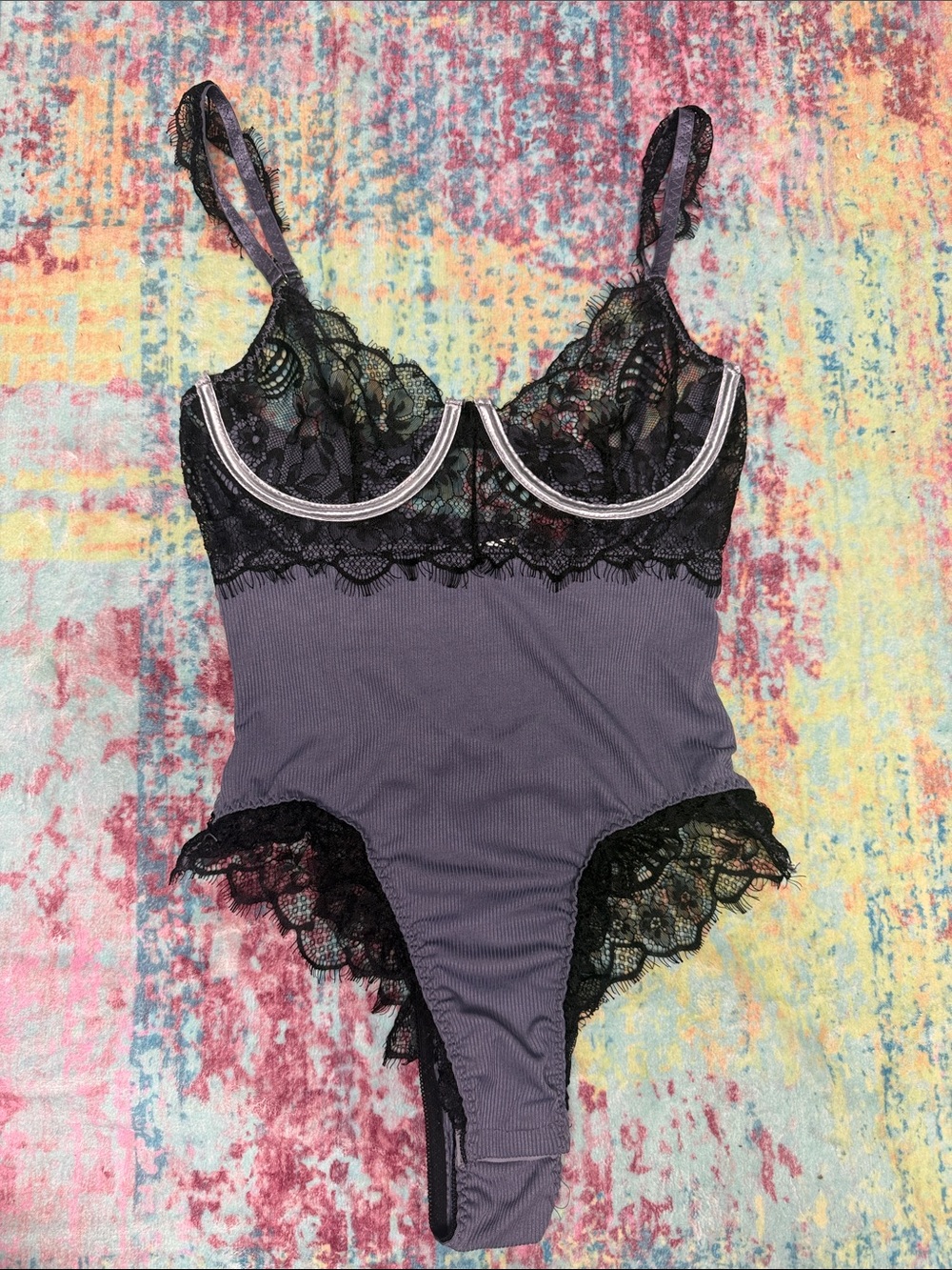 Ribbed Lace-Trim Bodysuit in Gray and Black